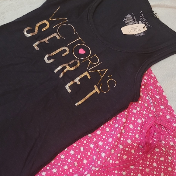 NWT Victoria's Secret Tank Pajama Set Pink Black White Gold Sparkle - Picture 8 of 11